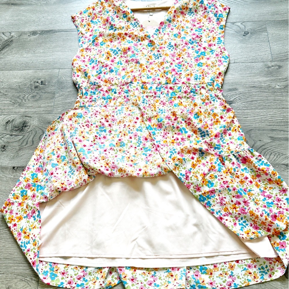 Kori Sage Combo Dress‎ Mini Elastic Shirring V-Neck Sleeveless Lined Floral - Picture 13 of 16